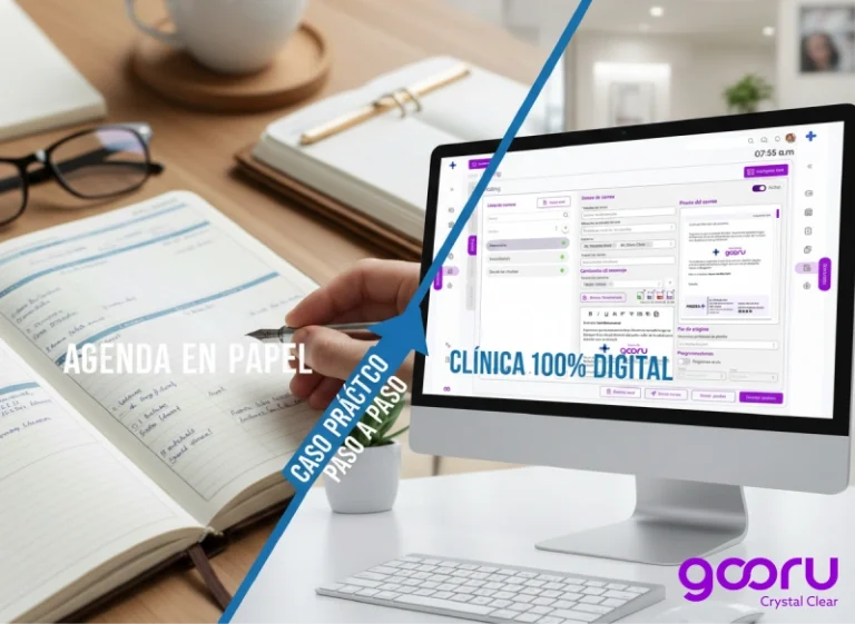 Comparación entre agenda en papel y pantalla con Gooru mostrando la transición de clínica tradicional a clínica 100 % digital