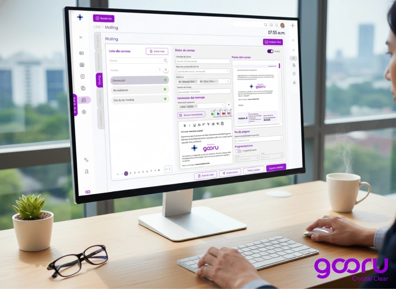 Profesional de clínica gestionando campañas de mailing a pacientes desde el panel de Gooru en un monitor de escritorio.