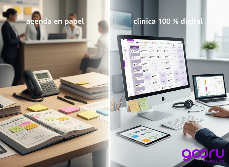 Antes y después de la digitalización: escritorio con agenda en papel frente a puesto de trabajo con Gooru y clínica 100 % digital.