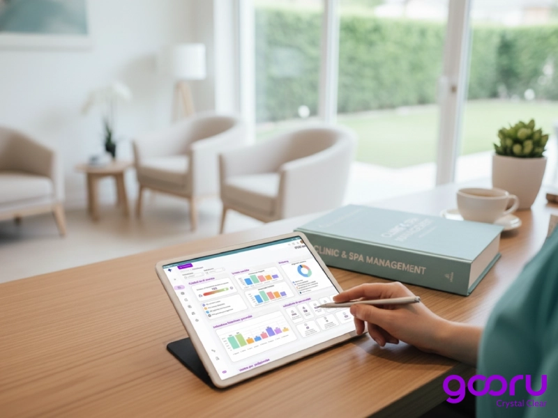 Profesional de clínica revisando en una tablet el panel de control de Gooru con estadísticas para la gestión de clínica y spa en recepción luminosa.