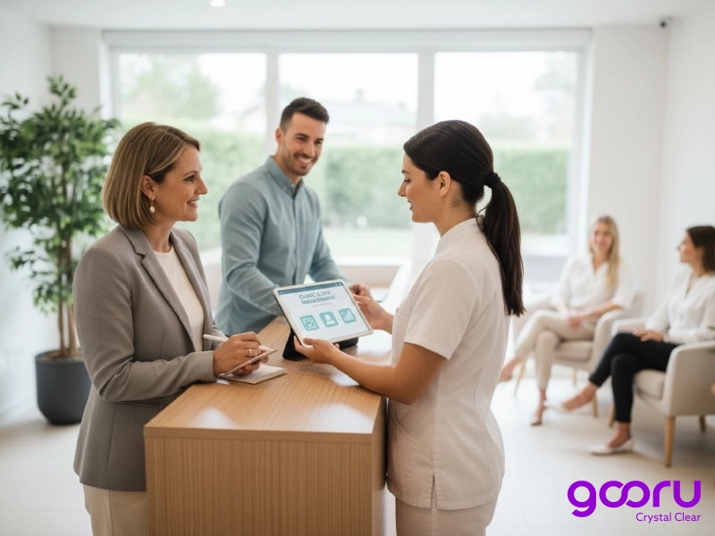 Recepcionista de clínica usando una tablet con Gooru para registrar a una paciente en la recepción de un centro médico y spa moderno