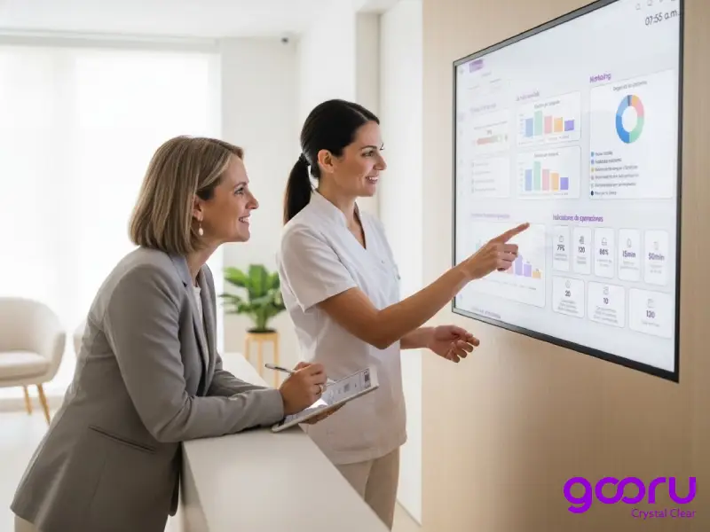 Directora de clínica y responsable de recepción analizan en una pantalla grande los indicadores de gestión y agenda del software Gooru.